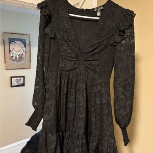 Aqua Black Floral Lace Long Sleeve Dress